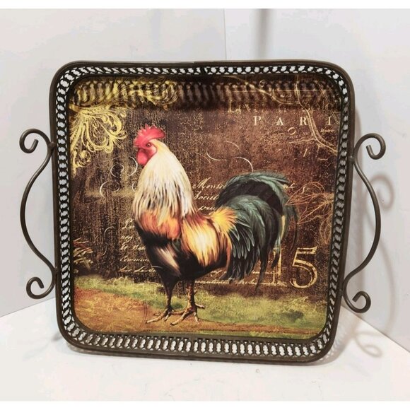 2 French Country Brown Metal Rooster Trays w/ Handles 12" Square 11" Square - Picture 8 of 12
